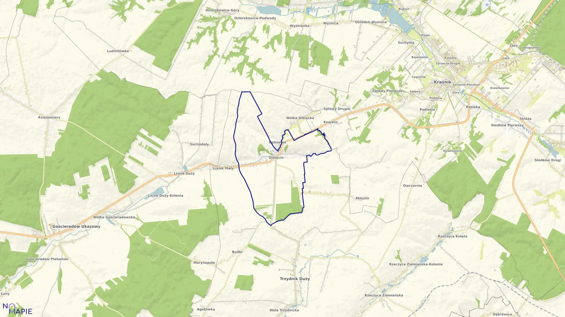 Mapa obrębu OLBIĘCIN w gminie Trzydnik Duży